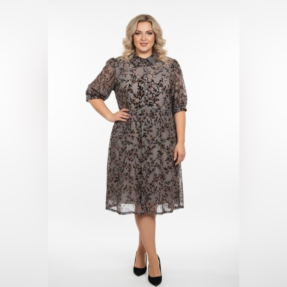 IVY CITY CO. Women’s Velvet Floral Collared Midi Dress Gray & Beige Sz 4X